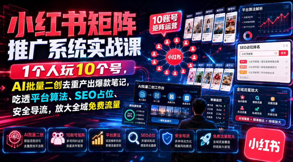 小红书矩阵推广系统实战课｜1个人玩10个号，AI批量二创去重产出爆款笔记，吃透平台算法、SEO占位、安全导流，放大全域免费流量-校睿铺