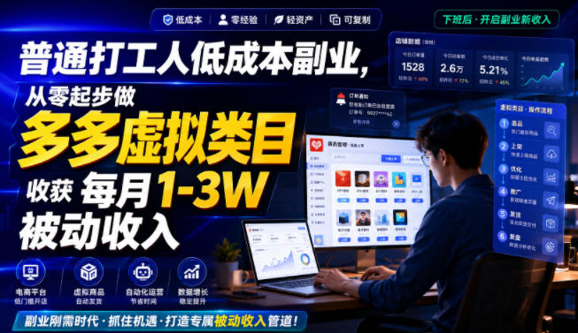 普通打工人低成本副业，从零起步做多多虚拟类目，收获每月1-3W被动收入【揭秘】-校睿铺