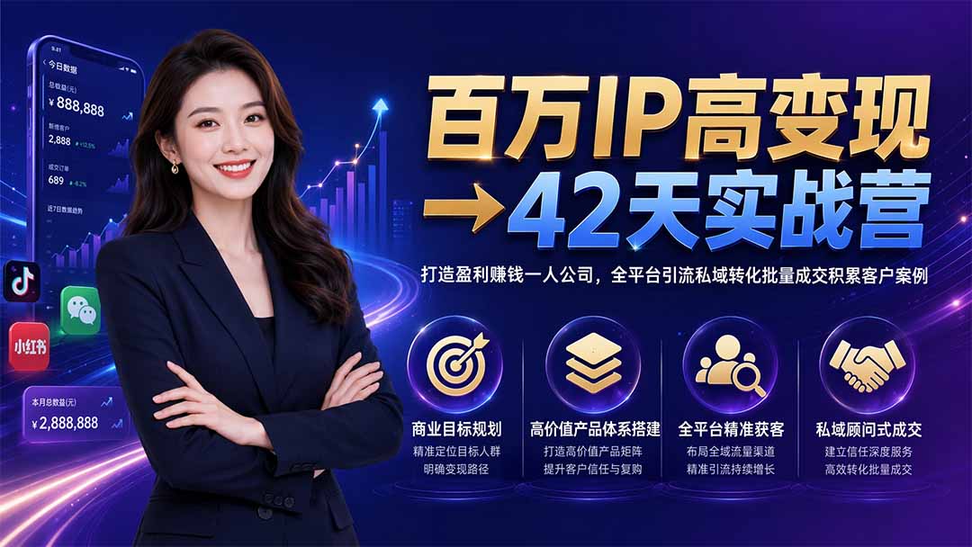 百万IP高变现→42天实战营｜打造盈利赚钱一人公司，全平台引流私域转化批量成交积累客户案例-校睿铺