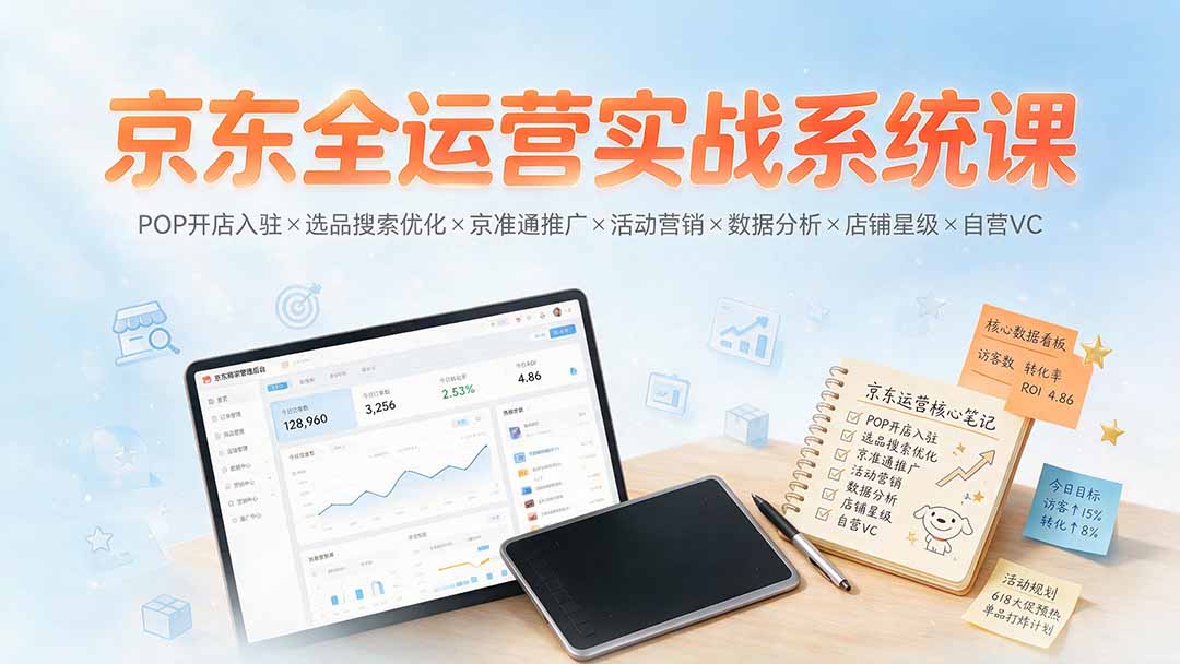 京东全运营实战系统课：POP开店入驻×选品搜索优化×京准通推广×活动营销×数据分析×店铺星级×自营VC-校睿铺