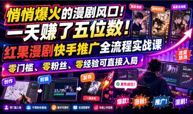 悄悄爆火的漫剧风口！一天賺了五位数！红果漫剧快手推广全流程实战课，零门槛、零粉丝、零经验可直接入局-校睿铺