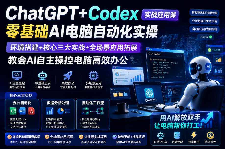 ChatGPT+Codex实战应用课｜零基础AI电脑自动化实操，环境搭建+核心三大实战+全场景应用拓展，教会AI自主操控电脑高效办公-校睿铺