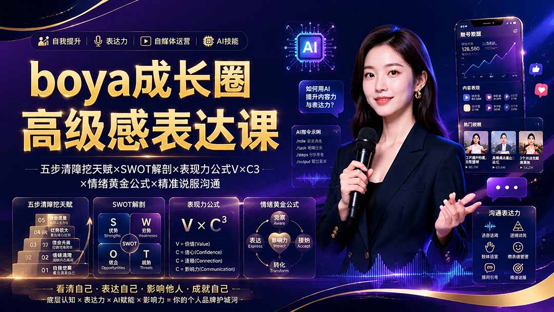 boya成长圈｜内心成长高级表达AI自媒体三合一，消解内耗挖掘天赋，镜头沟通AI指令短视频全流程教学-校睿铺