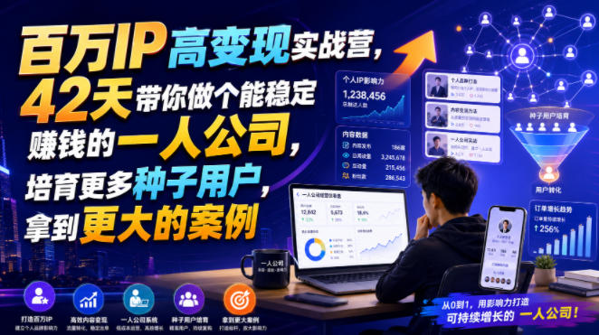 百万IP高变现实战营，42天带你做个能稳定賺钱的一人公司，培育更多种子用户，拿到更大的案例-校睿铺