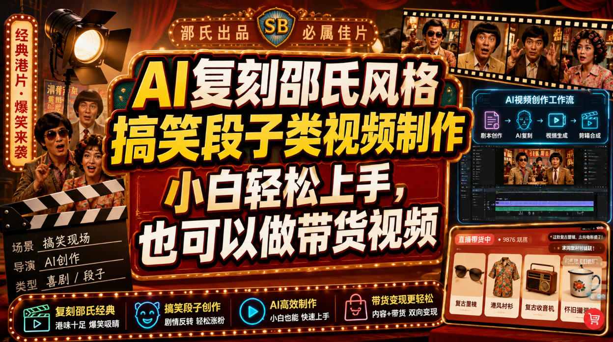 AI复刻邵氏风格搞笑段子类视频制作，小白轻松上手，也可以做带货视频-校睿铺
