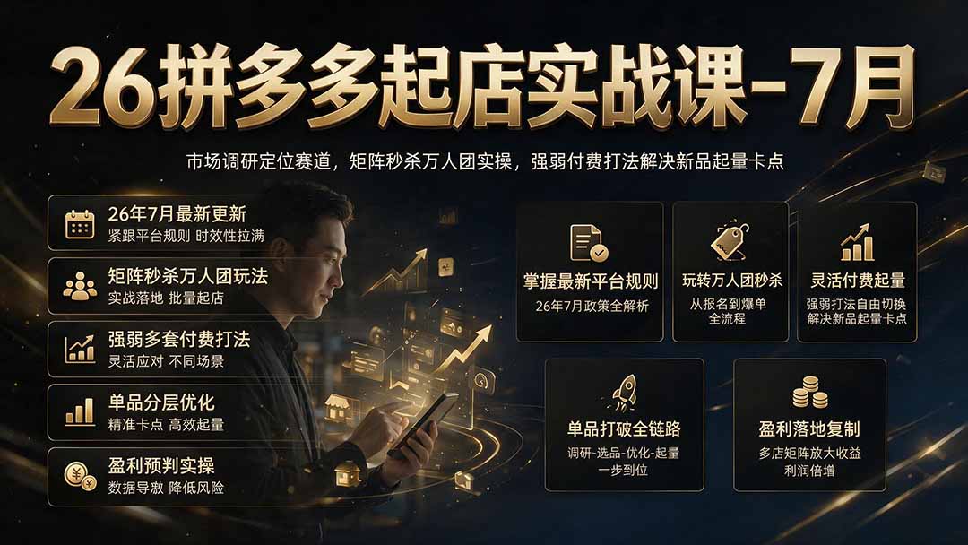 26拼多多起店实战课-7月｜市场调研定位赛道，矩阵秒杀万人团实操，强弱付费打法解决新品起量卡点-校睿铺