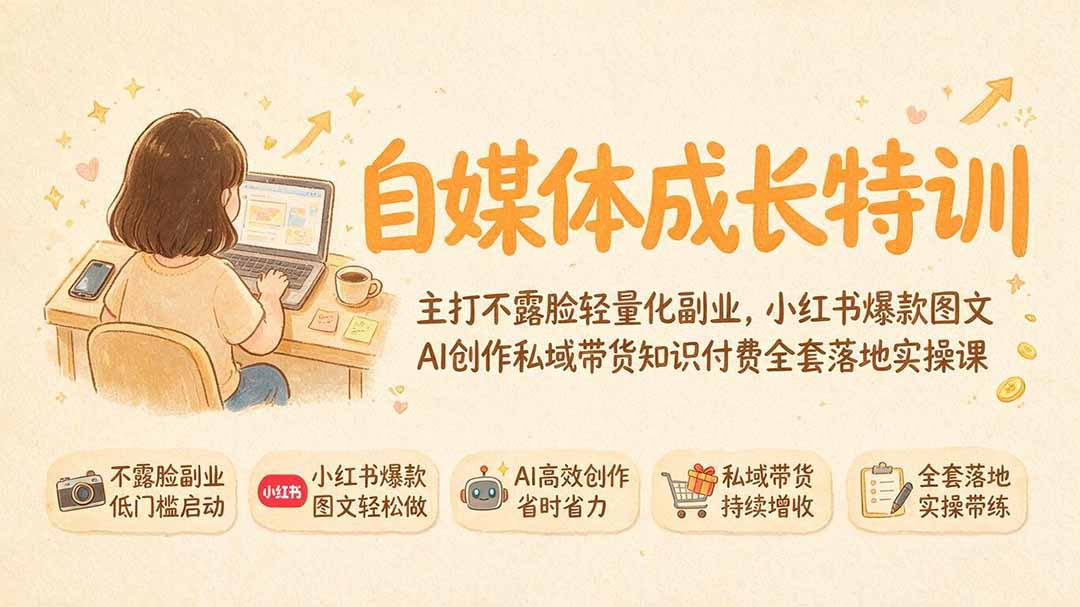 自媒体成长特训｜主打不露脸轻量化副业，小红书爆款图文AI创作私域带货知识付费全套落地实操课-校睿铺