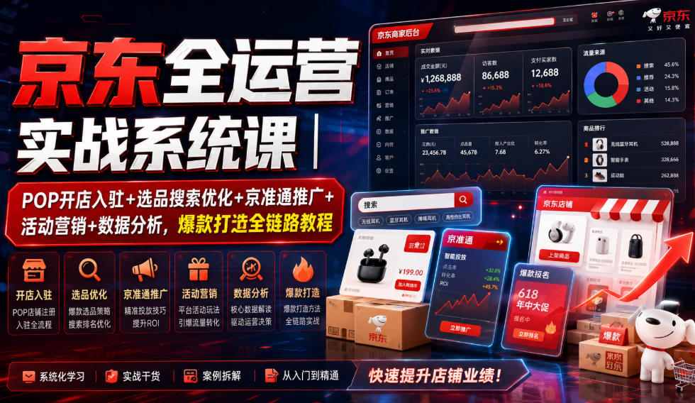 京东全运营实战系统课｜POP开店入驻+选品搜索优化+京准通推广+活动营销+数据分析，爆款打造全链路教程-校睿铺