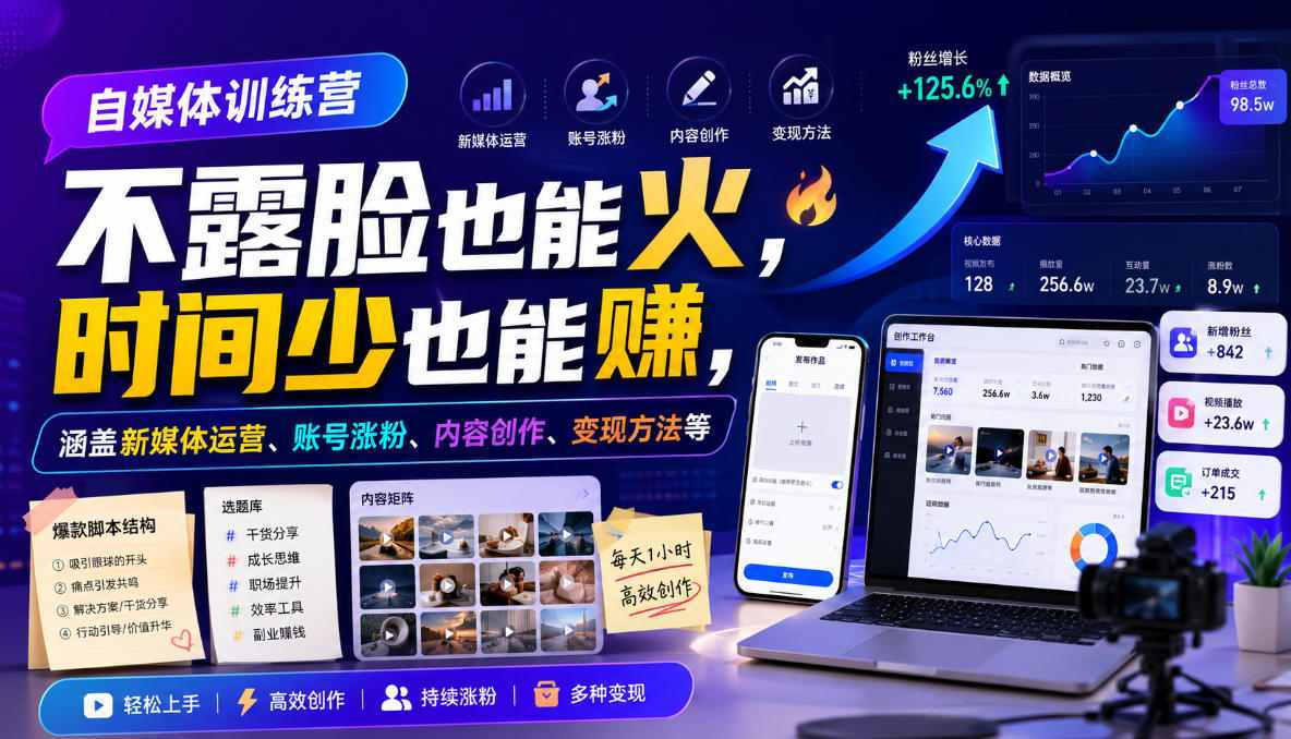 自媒体训练营，不露脸也能火，时间少也能賺，涵盖新媒体运营、账号涨粉、内容创作、变现方法等-校睿铺