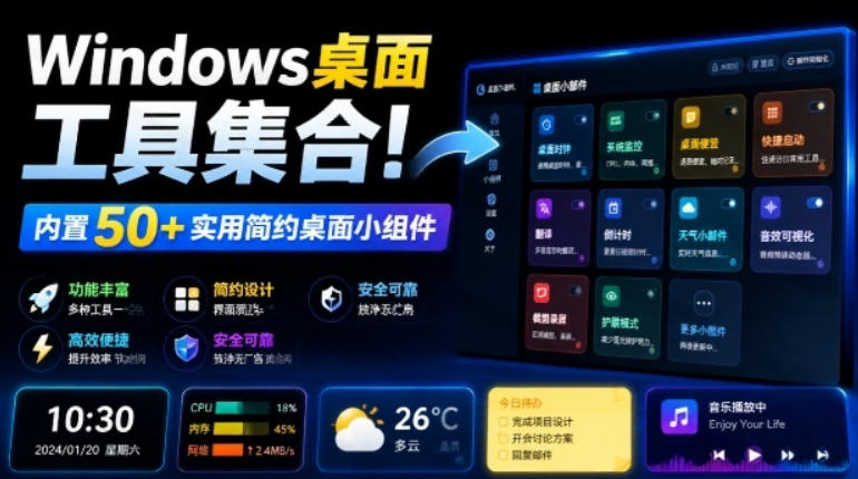 Windows桌面工具集合！内置50+实用简约桌面小组件，含截图、录屏、翻译、天气等，多秘工具箱-校睿铺