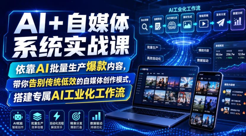 AI+自媒体系统实战课，依靠AI批量生产爆款内容，带你告别传统低效的自媒体创作模式，搭建专属AI工业化工作流-校睿铺