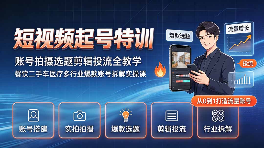 短视频起号特训｜账号拍摄选题剪辑投流全教学，餐饮二手车医疗多行业爆款账号拆解实操课-校睿铺