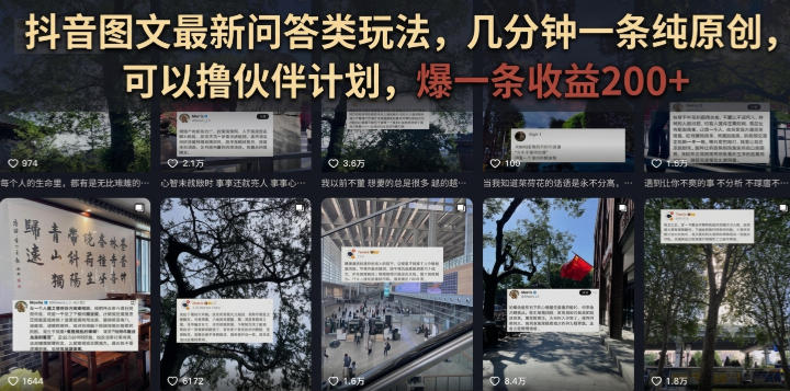 抖音图文最新问答类玩法，几分钟一条纯原创，可以撸伙伴计划，爆一条收益200+-校睿铺