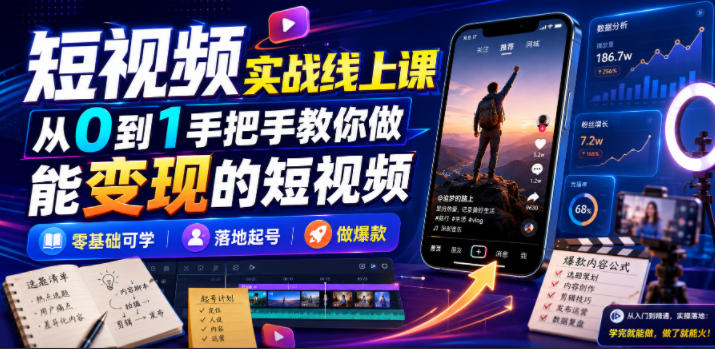 短视频实战线上课，从0到1手把手教你做能变现的短视频，零基础可学，落地起号做爆款-校睿铺