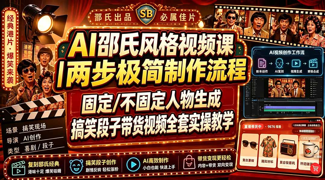AI邵氏风格视频课｜两步极简制作流程，固定/不固定人物生成，搞笑段子带货视频全套实操教学-校睿铺