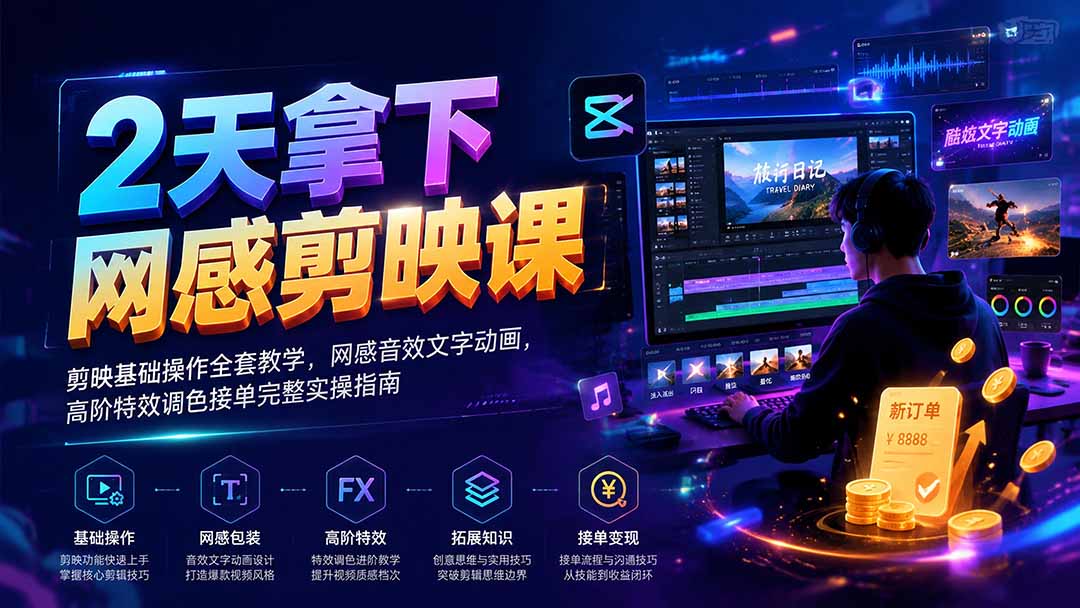 2天拿下网感剪辑课｜剪映基础操作全套教学，网感音效文字动画，高阶特效调色接单完整实操指南-校睿铺