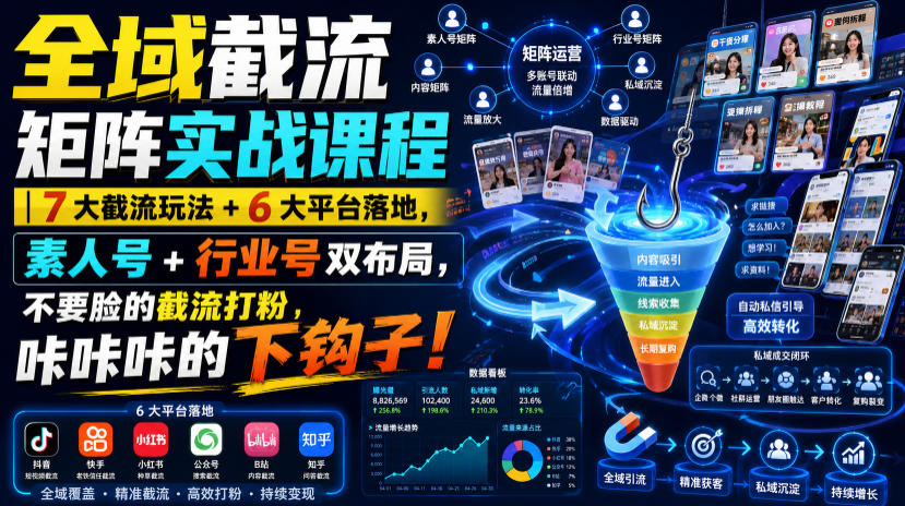 全域截流矩阵实战课程｜7大截流玩法+6大平台落地，素人号+行业号双布局，不要脸的截流打粉，咔咔咔的下钩子！-校睿铺