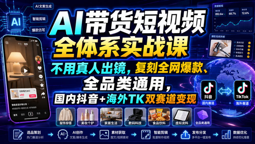 AI带货短视频全体系实战课，不用真人出镜，复刻全网爆款、全品类通用，国内抖音+海外TK双赛道变现-校睿铺