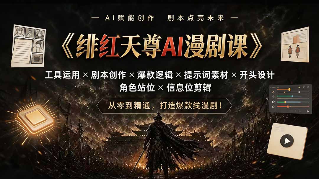 绯红天尊AI漫剧课｜工具运用×剧本创作×爆款逻辑×提示词素材×开头设计×角色站位×信息位剪辑-校睿铺