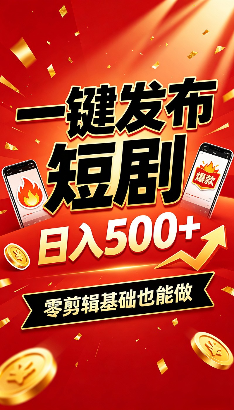 快手短剧一键发布，不用剪辑操作简单，副业日入500+。空闲时间轻松赚收益-校睿铺