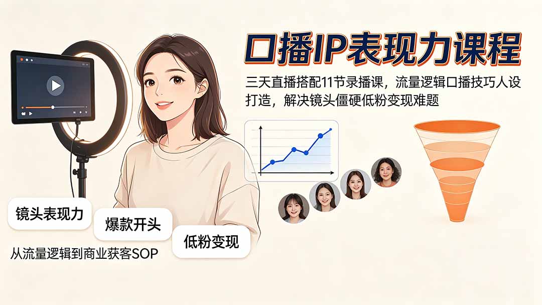 口播IP表现力课程｜三天直播搭配11节录播课，流量逻辑口播技巧人设打造，解决镜头僵硬低粉变现难题-校睿铺