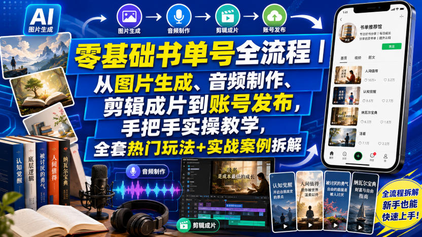 零基础书单号全流程｜从图片生成、音频制作、剪辑成片到账号发布，手把手实操教学，全套热门玩法+实战案例拆解-校睿铺