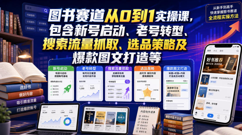 图书赛道从0到1实操课，包含新号启动、老号转型、搜索流量抓取、选品策略及爆款图文打造等-校睿铺