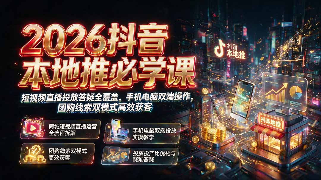 2026抖音本地推必学课｜短视频直播投放答疑全覆盖，手机电脑双端操作，团购线索双模式高效获客-校睿铺