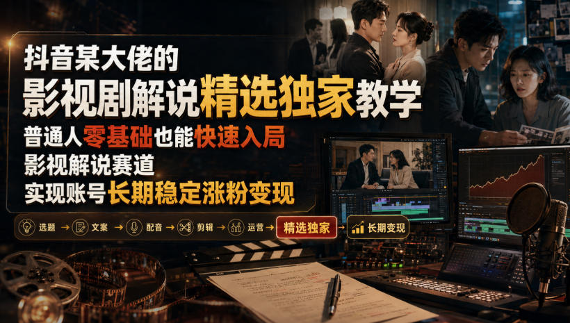 抖音某大佬的影视剧解说精选独家教学，普通人零基础也能快速入局影视解说赛道，实现账号长期稳定变现-校睿铺