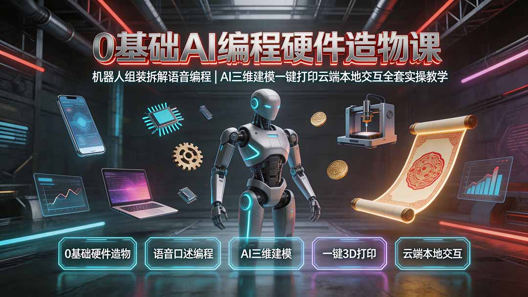 0基础AI编程硬件造物课｜机器人组装拆解语音编程，AI三维建模一键打印云端本地交互全套实操教学-校睿铺