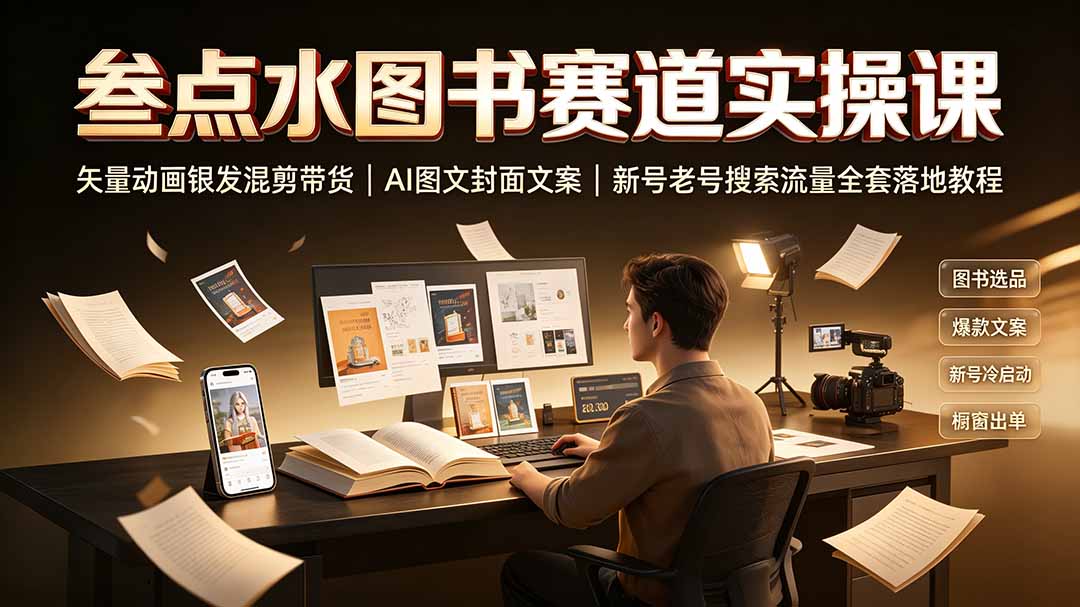 叁点水图书赛道实操课｜矢量动画银发混剪带货，AI图文封面文案，新号老号搜索流量全套落地教程-校睿铺