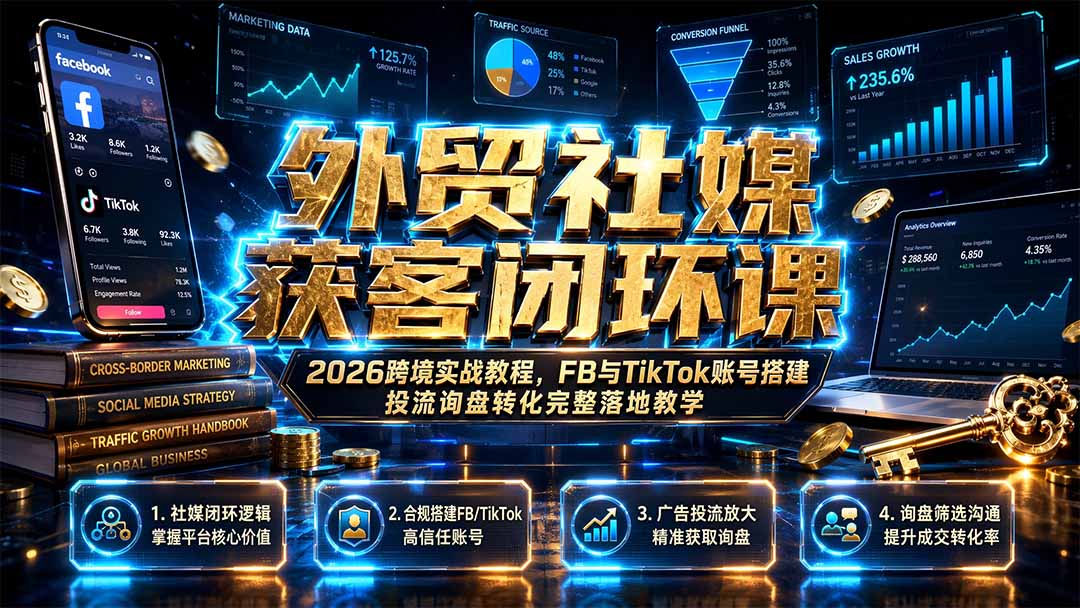 外贸社媒获客闭环课｜2026跨境实战教程，FB与TikTok账号搭建投流询盘转化完整落地教学-校睿铺