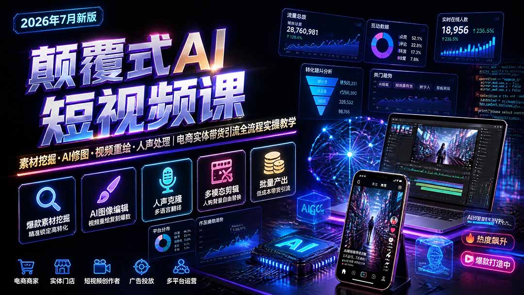 颠覆式AI短视频课｜素材挖掘，AI修图，视频重绘，人声处理｜电商实体带货引流全流程实操教学-校睿铺