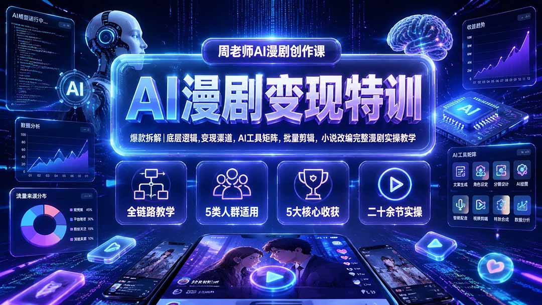 AI漫剧变现特训★爆款拆解｜底层逻辑，变现渠道，AI工具矩阵，批量剪辑，小说改编完整漫剧实操教学-校睿铺