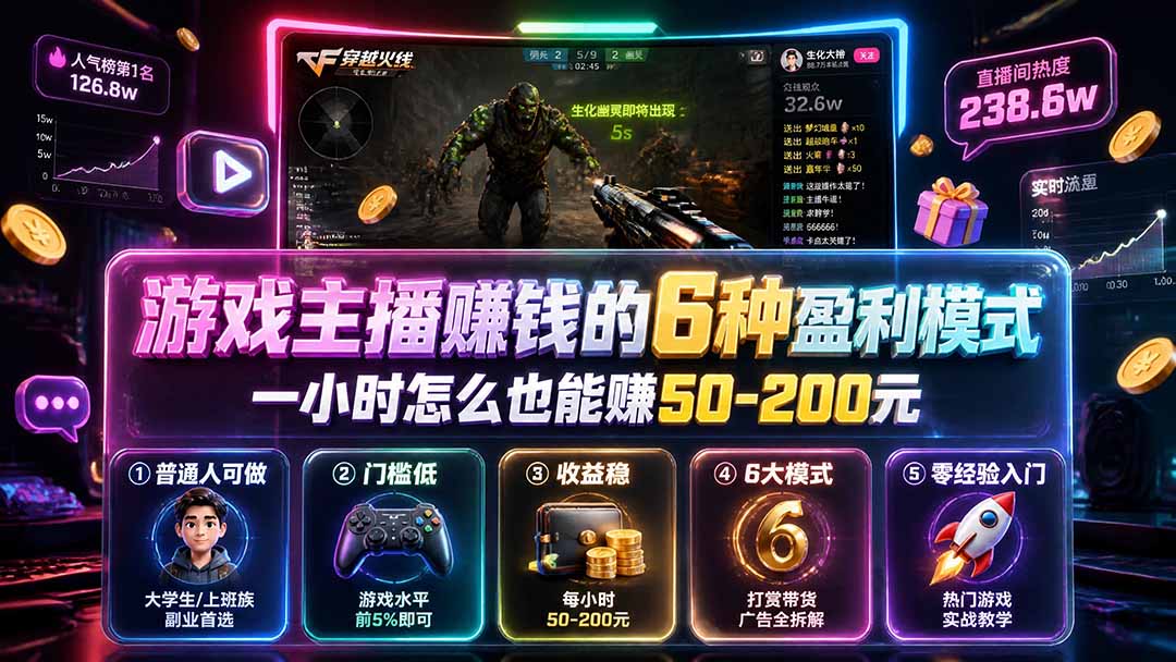 付费文章：游戏主播赚钱的6种盈利模式，一小时怎么也能赚50-200元-校睿铺
