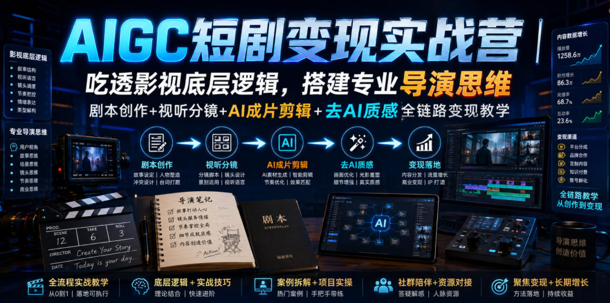 AIGC短剧变现实战营｜吃透影视底层逻辑，搭建专业导演思维，剧本创作+视听分镜+AI成片剪辑+去AI质感全链路变现教学-校睿铺