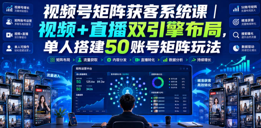 视频号矩阵获客系统课｜视频+直播双引擎布局，单人搭建50账号矩阵玩法，流量入池、搜索占位、全域引流沉淀私域全流程教学-校睿铺