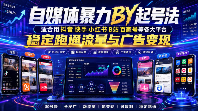 自媒体暴力搬运起号法，适合用抖音快手小红书B站百家号等各大平台，稳定跑通流量与广告变现-校睿铺