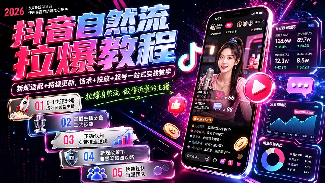 抖音自然流拉爆教程-更新7月：做懂流量的主播，新规适配+持续更新，话术+投放+起号一站式实战教学-校睿铺
