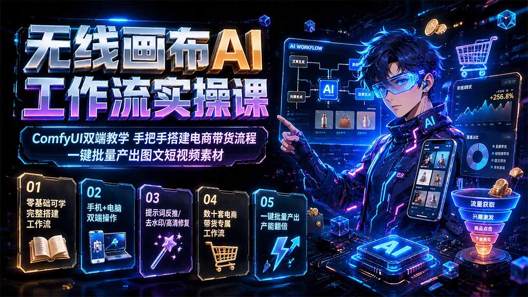 无线画布AI工作流实操课｜ComfyUI双端教学，手把手搭建电商带货流程，一键批量产出图文短视频素材-校睿铺