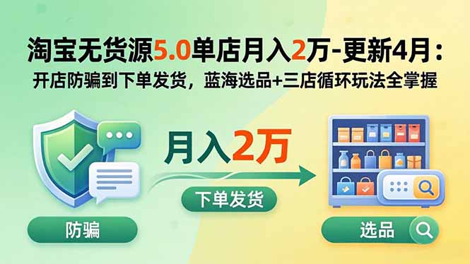 淘宝无货源5.0单店月入2万-更新2026：开店防骗到下单发货，蓝海选品+三店循环玩法全掌握-校睿铺