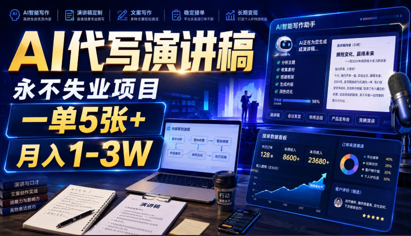 AI代写演讲稿，永不失业项目，一单5张+，月入1-3W【揭秘】-校睿铺