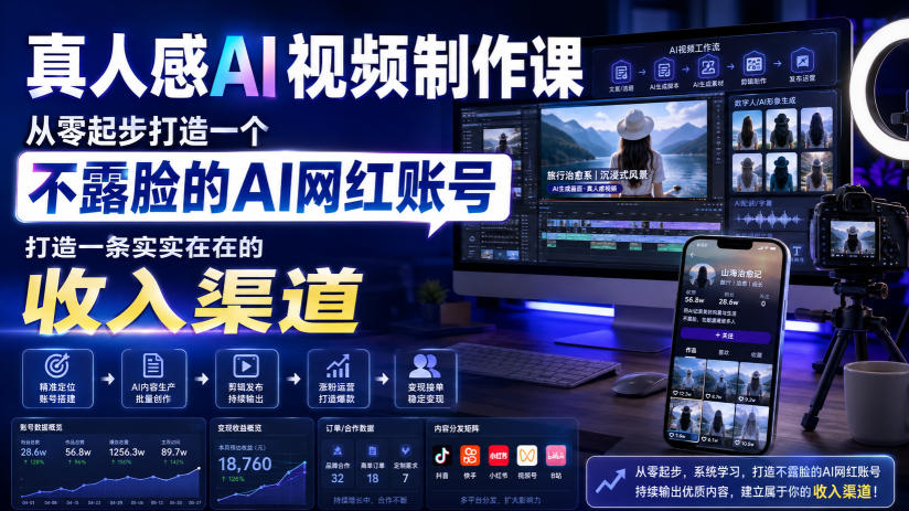 真人感AI视频制作课，从零起步打造一个不露脸的AI网红账号，打造一条实实在在的收入渠道【原创双语字幕】-校睿铺