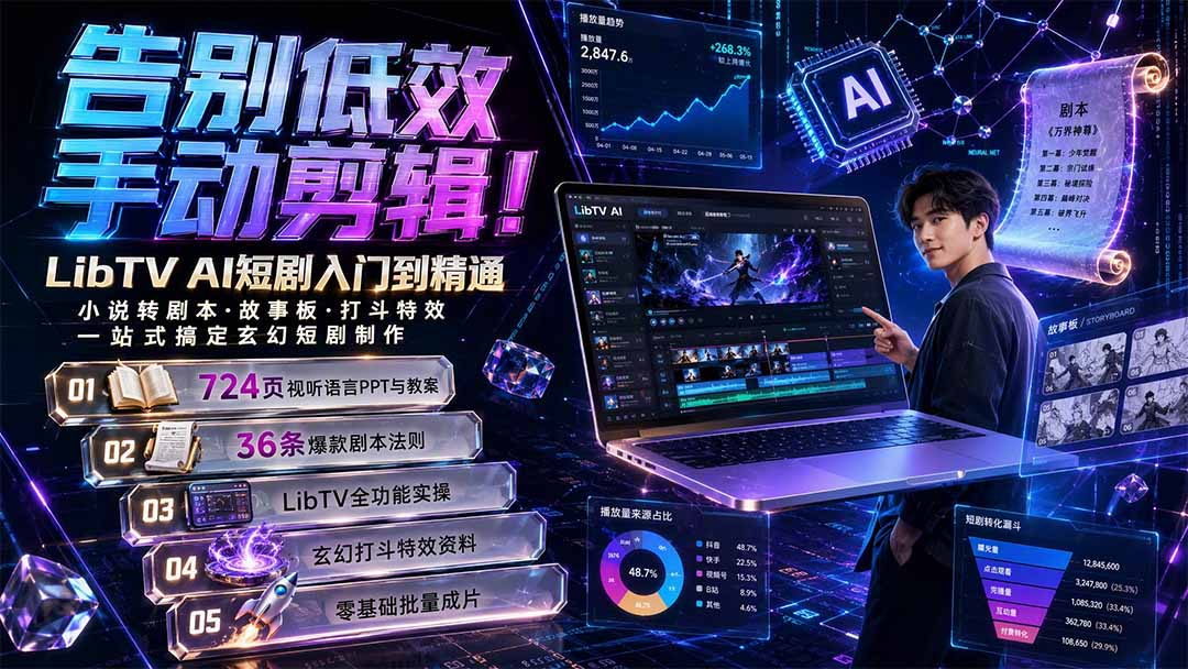 告别低效手动剪辑！LibTV AI短剧入门到精通，小说转剧本方法，故事板打斗特效一站式搞定玄幻短剧制作-校睿铺