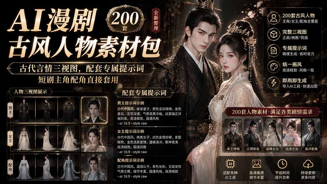 AI漫剧古风人物素材包+提示词｜200 套古代言情三视图，配套专属提示词短剧主角配角直接套用-校睿铺