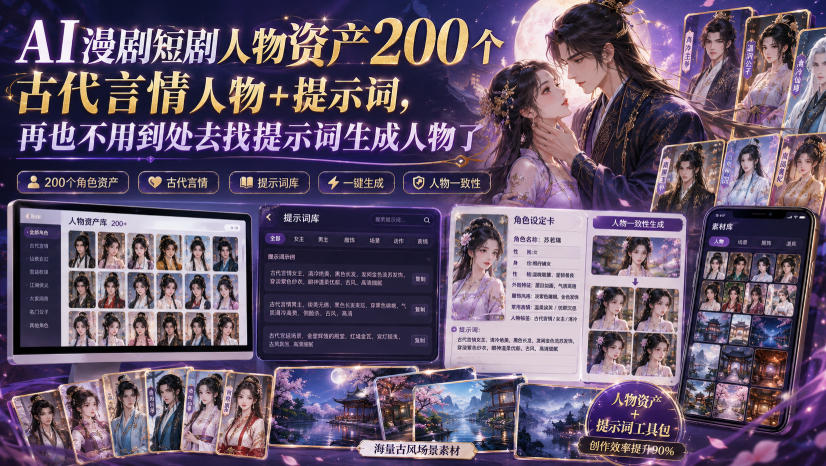 AI漫剧短剧人物资产200个古代言情人物+提示词，再也不用到处去找提示词生成人物了-校睿铺
