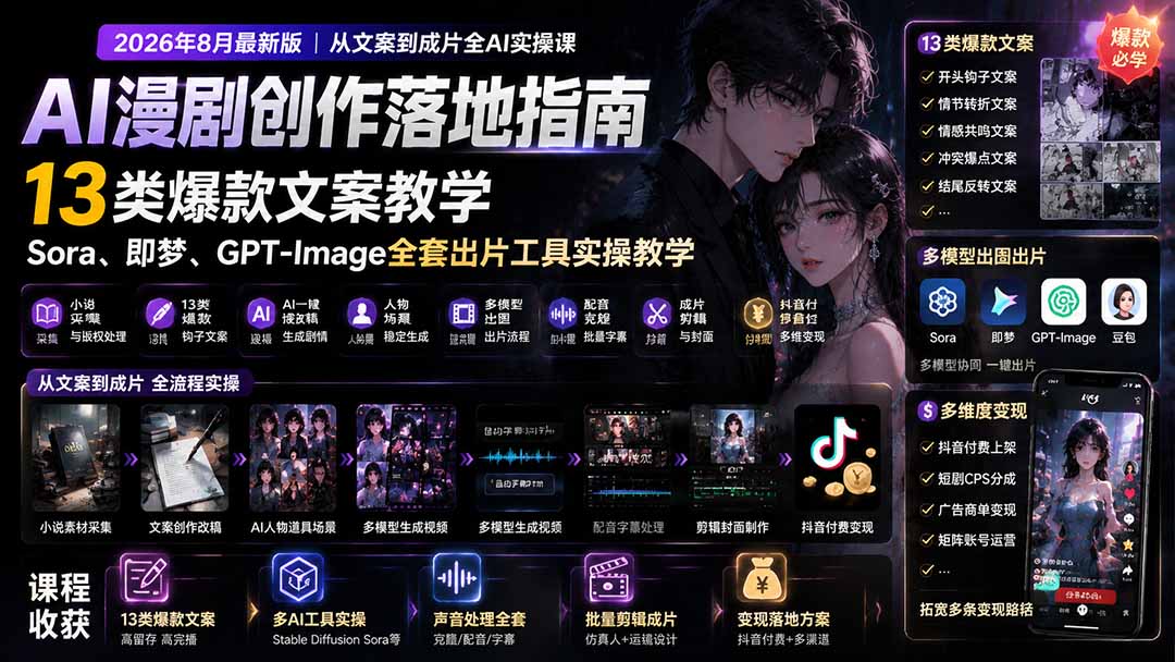 AI漫剧创作落地指南｜13类爆款文案教学，Sora、即梦、GPT-Image全套出片工具实操教学-校睿铺