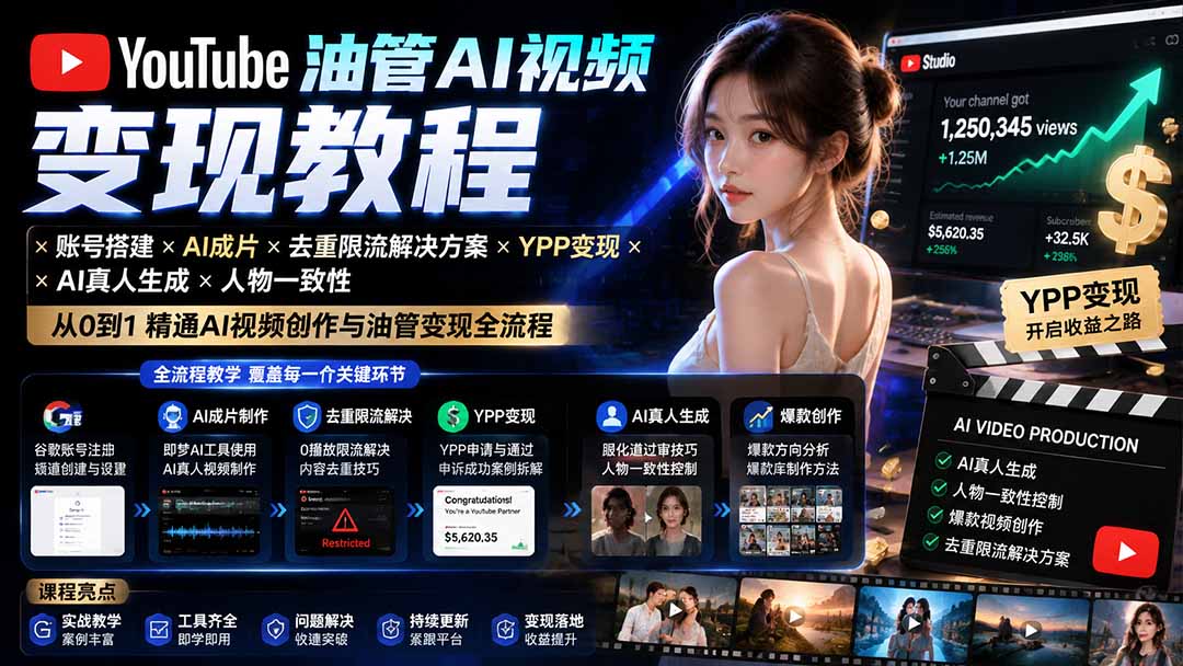 YouTube油管AI视频变现教程：账号搭建×AI成片×去重限流解决方案×YPP变现×AI真人生成×人物一致性-校睿铺