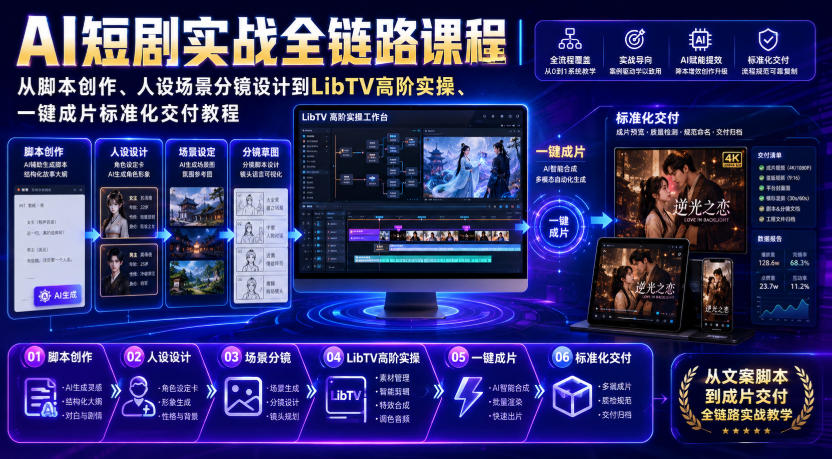 AI短剧实战全链路课程｜从脚本创作、人设场景分镜设计到LibTV高阶实操、一键成片标准化交付教程-校睿铺