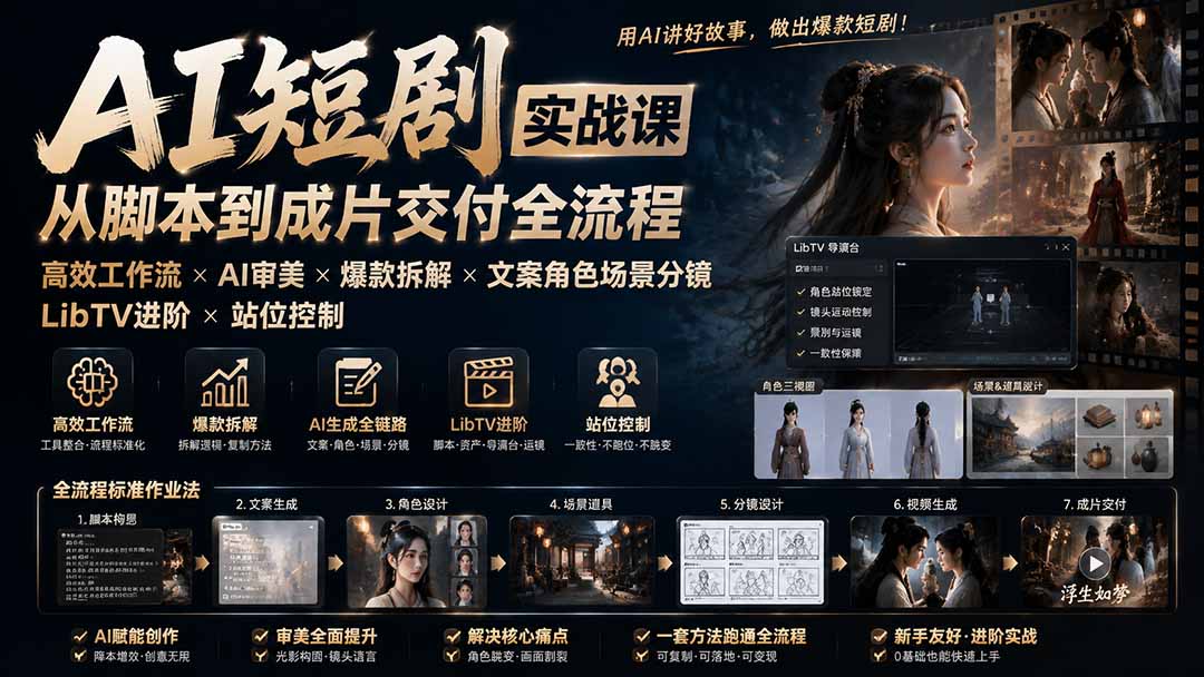 AI短剧实战课：高效工作流×AI审美×爆款拆解×文案角色场景分镜×LibTV进阶×站位控制×从脚本到成片交付全流程-校睿铺
